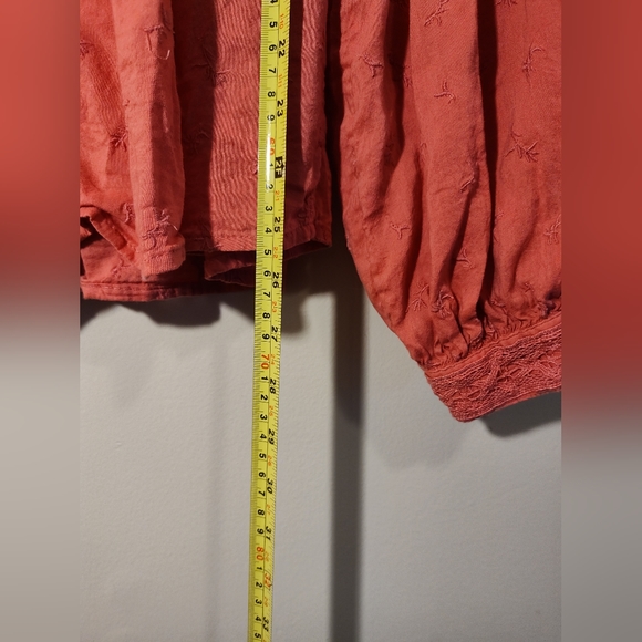 Coral embroidered button up long sleeve peasant blouse - Picture 3 of 4